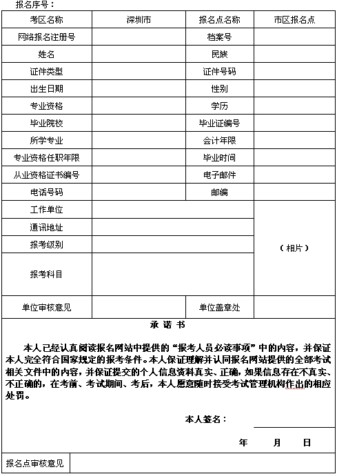 廣東深圳2015年初、中、高級會計師考試網(wǎng)上報名考生信息表
