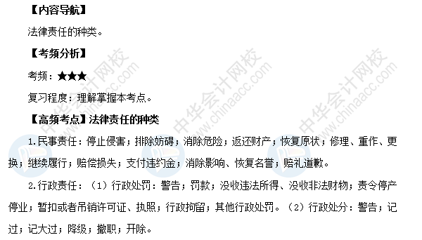 2018初級會計(jì)職稱《經(jīng)濟(jì)法基礎(chǔ)》高頻考點(diǎn)：法律責(zé)任的種類