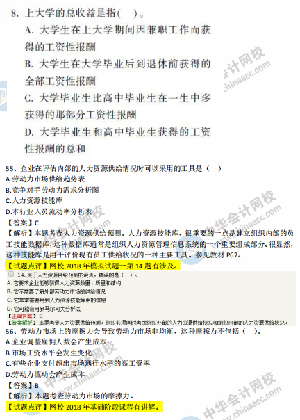 中級經(jīng)濟(jì)師人力2018年試題涉及考點(diǎn)對比【51-60題】