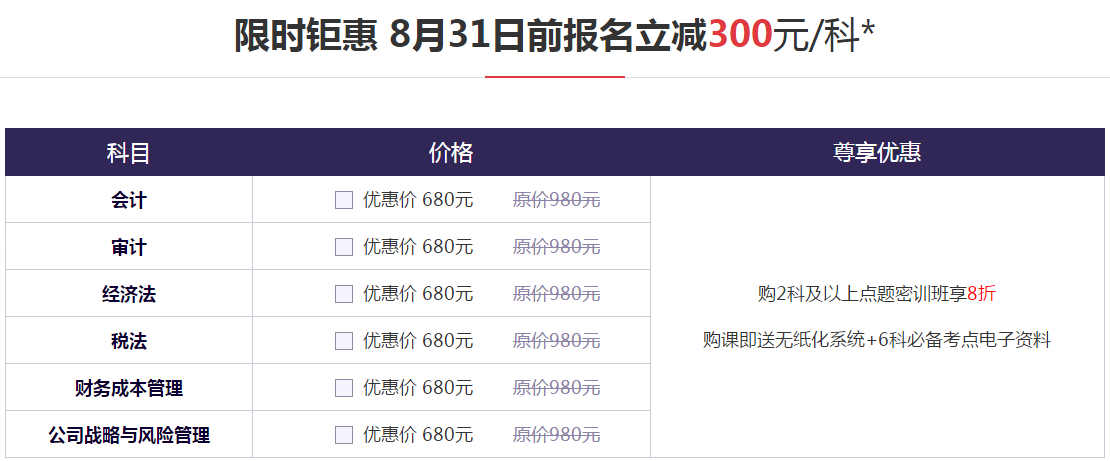 注會密訓(xùn)班2科享8折，單科減300！