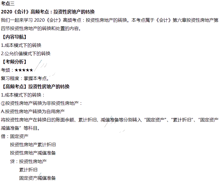 2020年注會會計第六章高頻考點：投資性房地產的轉換