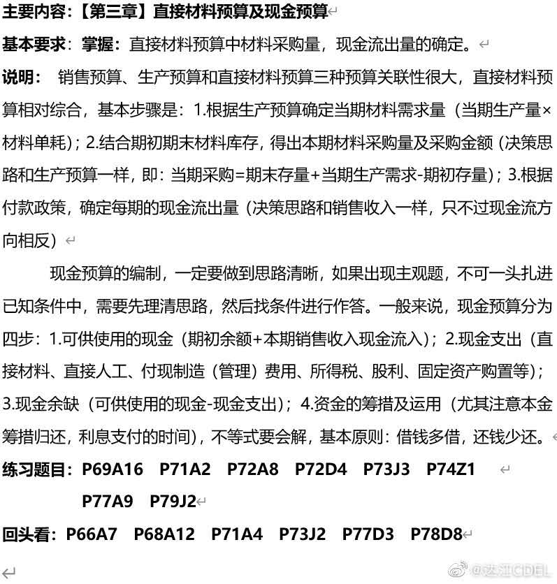 達(dá)江中級財務(wù)管理倒計時沖刺系列五：直接材料預(yù)算及現(xiàn)金預(yù)算