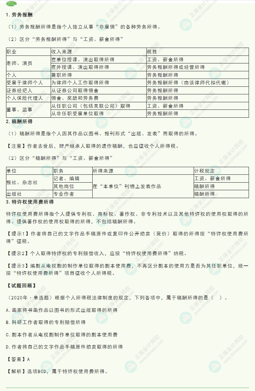 2022初級(jí)《經(jīng)濟(jì)法基礎(chǔ)》高頻考點(diǎn):勞務(wù)報(bào)酬、稿酬、特許權(quán)使用費(fèi)所得