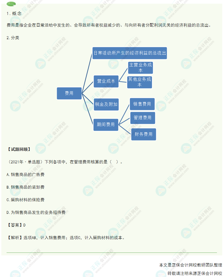 2022年《初級會計實務》高頻考點：費用的內(nèi)容及其分類