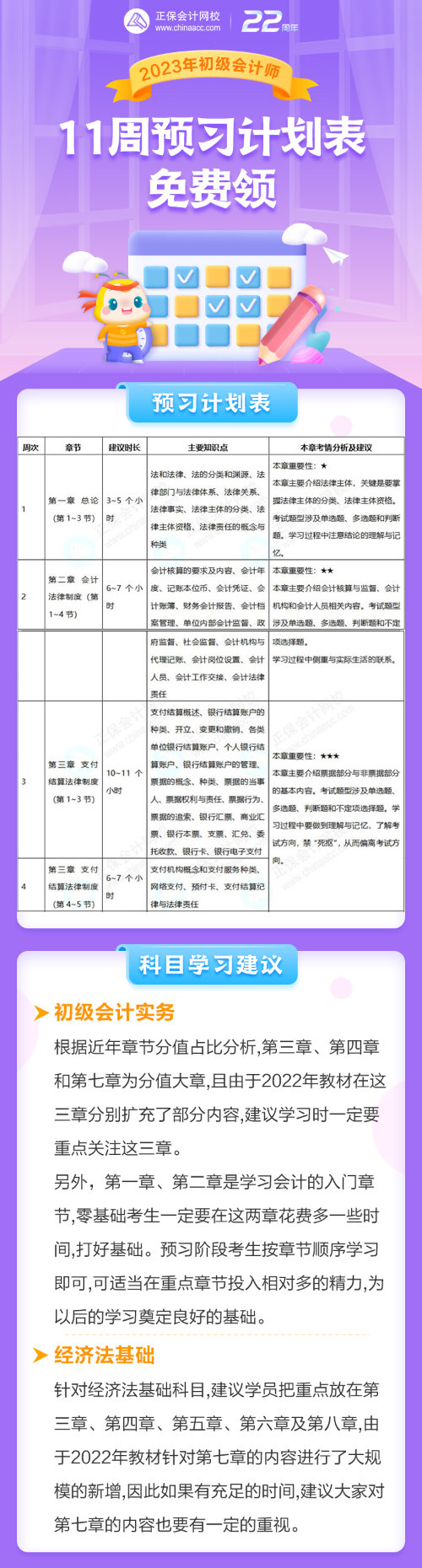 2023年初級(jí)會(huì)計(jì)考試11周預(yù)習(xí)計(jì)劃表免費(fèi)領(lǐng)！