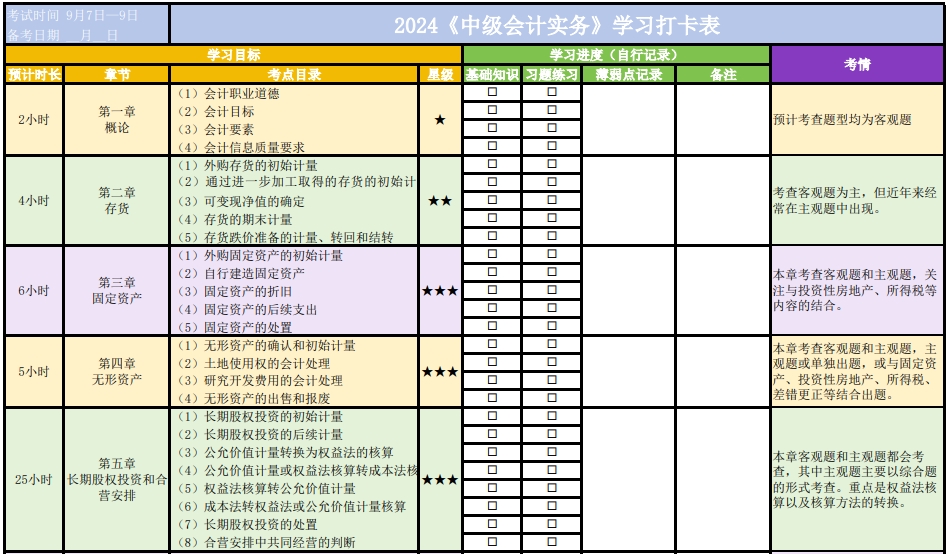 自律必備！2024年中級會計職稱學(xué)習(xí)打卡表 一鍵下載！
