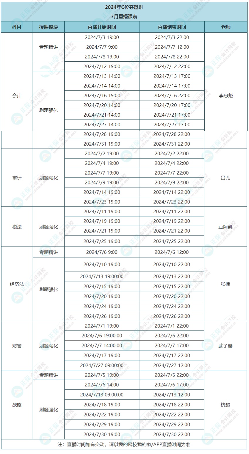 2024年注會C位奪魁班7月課表更新啦！速看上課時間~