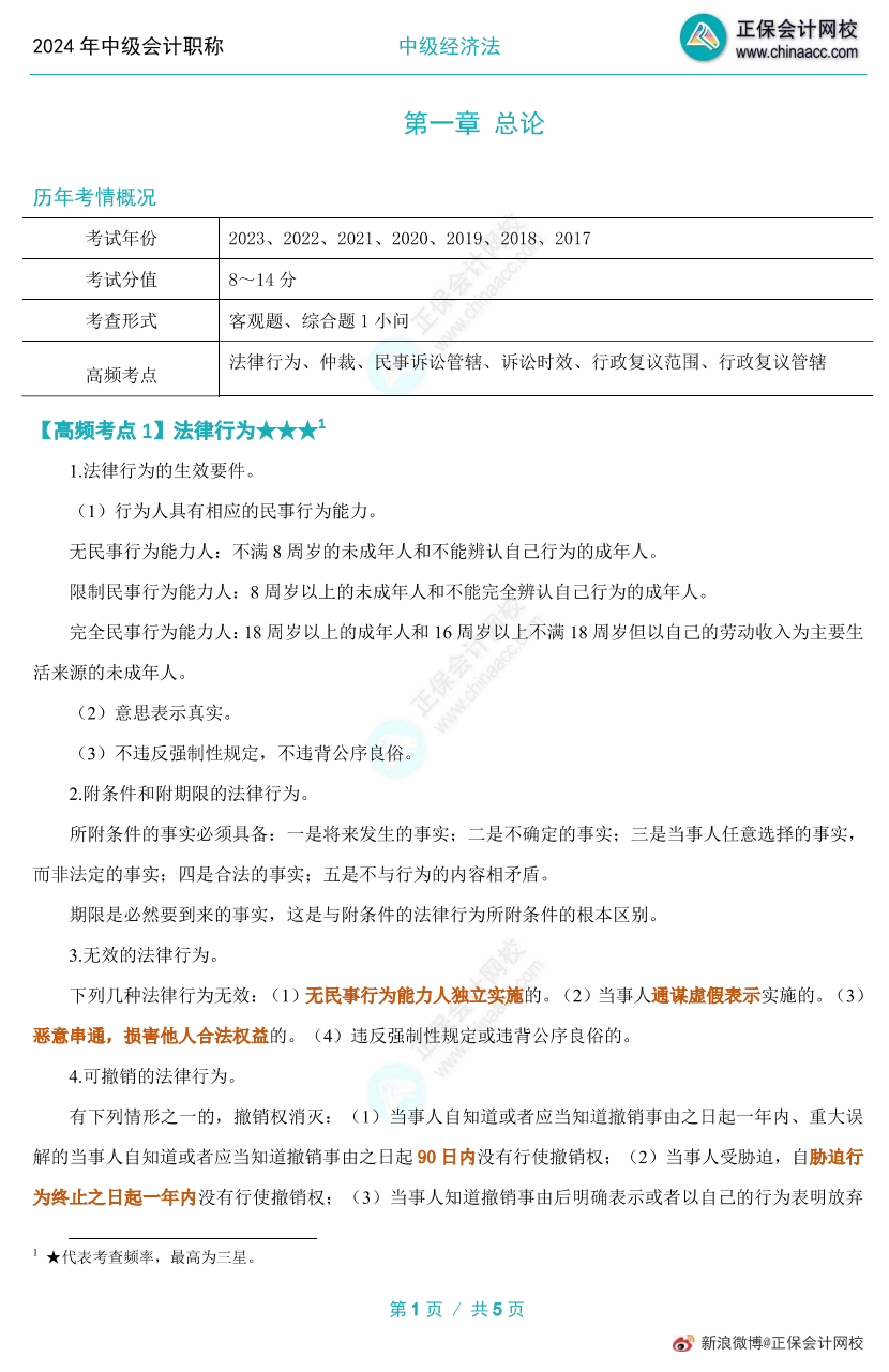 【考前沖刺】2024中級會計《經(jīng)濟法》高頻考點下載版